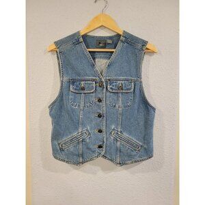 Vintage Lizwear Blue Jean Vest Medium Denim Western V-Neck Med Wash Button Up